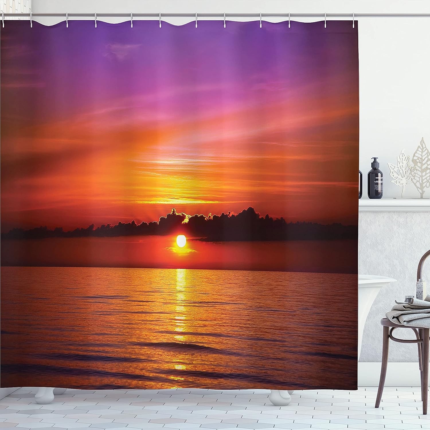 Orange Purple Ocean Shower Curtain, Romantic Sunset on the Beach, Bathroom Decor Home Decor