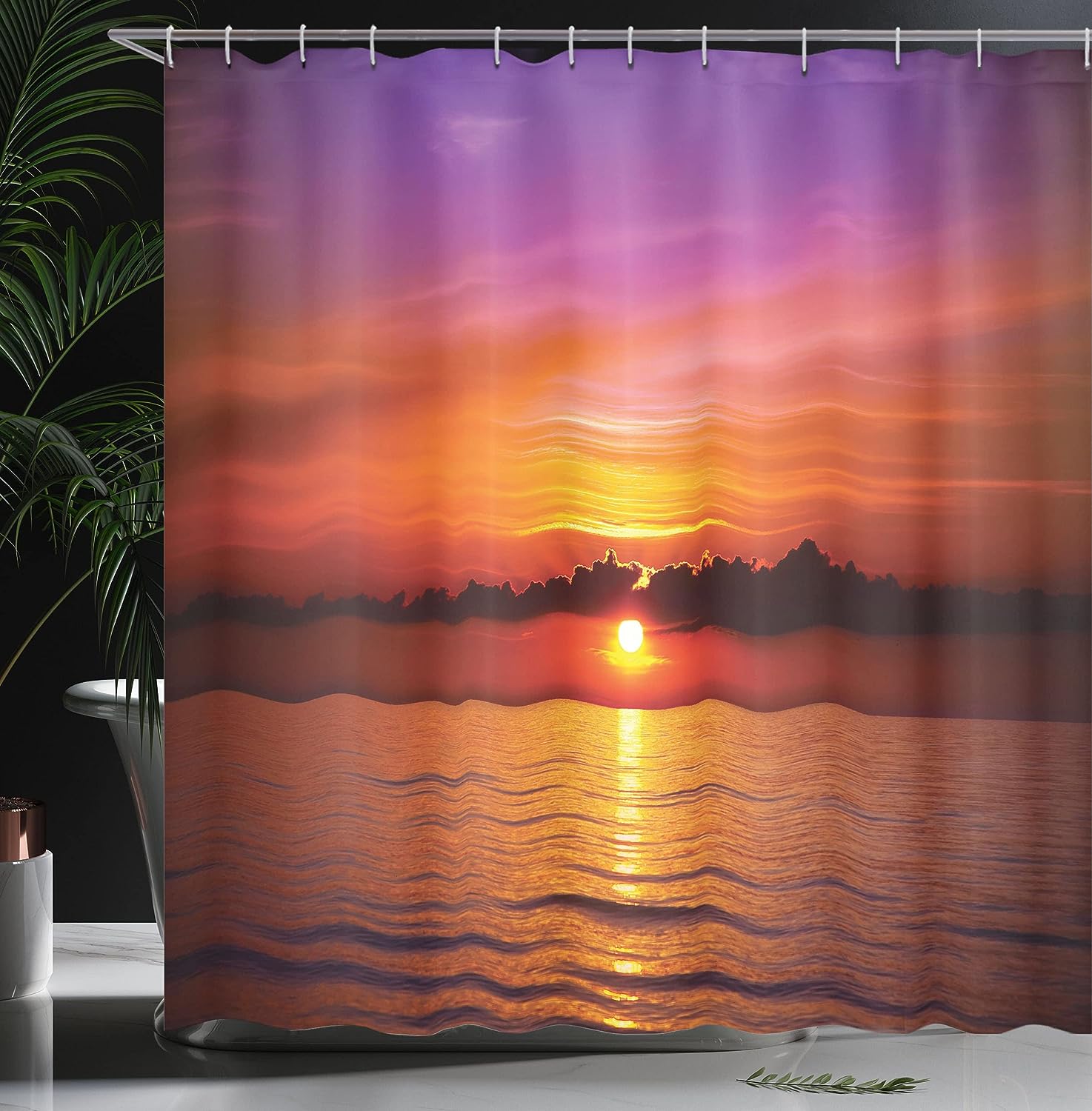 Orange Purple Ocean Shower Curtain, Romantic Sunset on the Beach, Bathroom Decor Home Decor