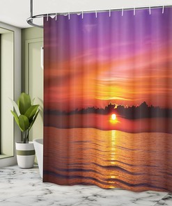 Orange Purple Ocean Shower Curtain, Romantic Sunset on the Beach, Bathroom Decor Home Decor