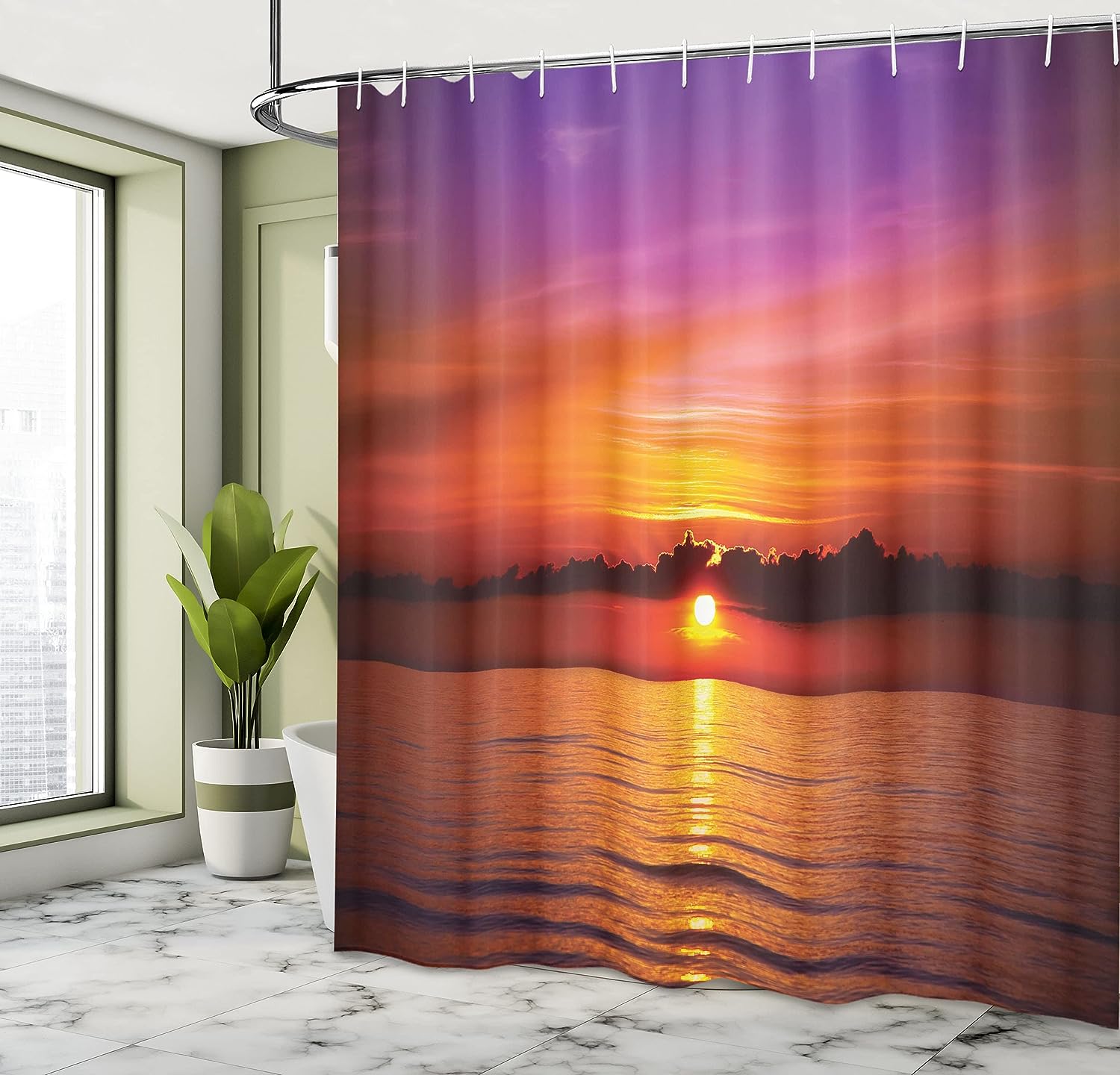 Orange Purple Ocean Shower Curtain, Romantic Sunset on the Beach, Bathroom Decor Home Decor