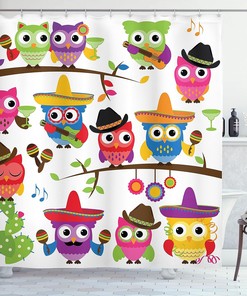 Orange Red Owls Shower Curtain, Cowboy Cowgirl Owls with Hats and Guitars Cinco de Mayo Art, Bathroom Decor 