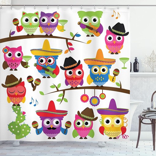 Orange Red Owls Shower Curtain, Cowboy Cowgirl Owls with Hats and Guitars Cinco de Mayo Art, Bathroom Decor