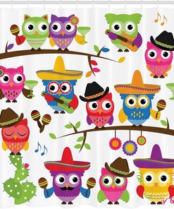Orange Red Owls Shower Curtain, Cowboy Cowgirl Owls with Hats and Guitars Cinco de Mayo Art, Bathroom Decor