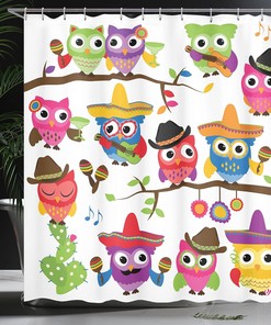 Orange Red Owls Shower Curtain, Cowboy Cowgirl Owls with Hats and Guitars Cinco de Mayo Art, Bathroom Decor 