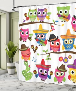 Orange Red Owls Shower Curtain, Cowboy Cowgirl Owls with Hats and Guitars Cinco de Mayo Art, Bathroom Decor 