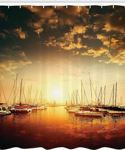 Orange and Black Marine Shower Curtain with Sunset Photo and Marina Boats Design for a Vibrant Bathroom Decor