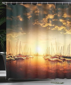 Orange and Black Marine Shower Curtain with Sunset Photo and Marina Boats Design for a Vibrant Bathroom Decor