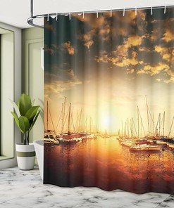 Orange and Black Marine Shower Curtain with Sunset Photo and Marina Boats Design for a Vibrant Bathroom Decor
