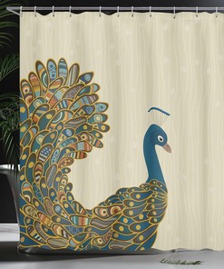Oriental Peacock Shower Curtain with Motley Bird Tail Ornate Bathroom Decor