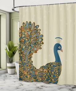 Oriental Peacock Shower Curtain with Motley Bird Tail Ornate Bathroom Decor