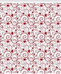 Ornamental Love Shower Curtain, Love Hearts and Swirls Classical Gardens Cloth Fabric Bathroom Decor, Home Decor White/Rose