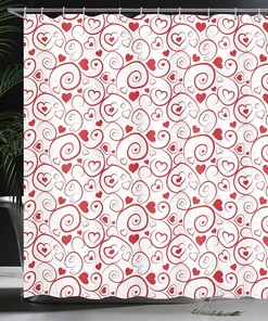 Ornamental Love Shower Curtain, Love Hearts and Swirls Classical Gardens Cloth Fabric Bathroom Decor, Home Decor White/Rose