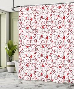 Ornamental Love Shower Curtain, Love Hearts and Swirls Classical Gardens Cloth Fabric Bathroom Decor, Home Decor White/Rose