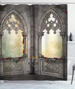 Ottoman Palace Balcony Shower Curtain, Vintage Red Rose Flowers Ivy Terrace Print for Bathroom Decor, Beige Cloth Curtain