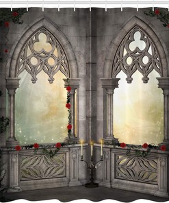 Ottoman Palace Balcony Shower Curtain, Vintage Red Rose Flowers Ivy Terrace Print for Bathroom Decor, Beige Cloth Curtain