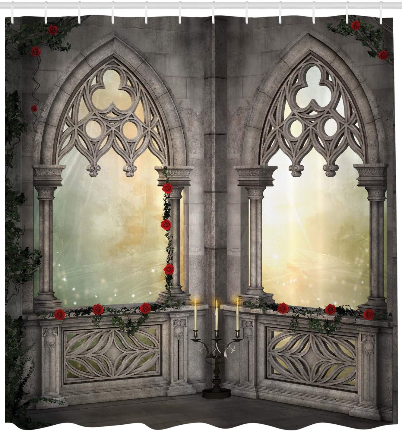 Ottoman Palace Balcony Shower Curtain, Vintage Red Rose Flowers Ivy Terrace Print for Bathroom Decor, Beige Cloth Curtain