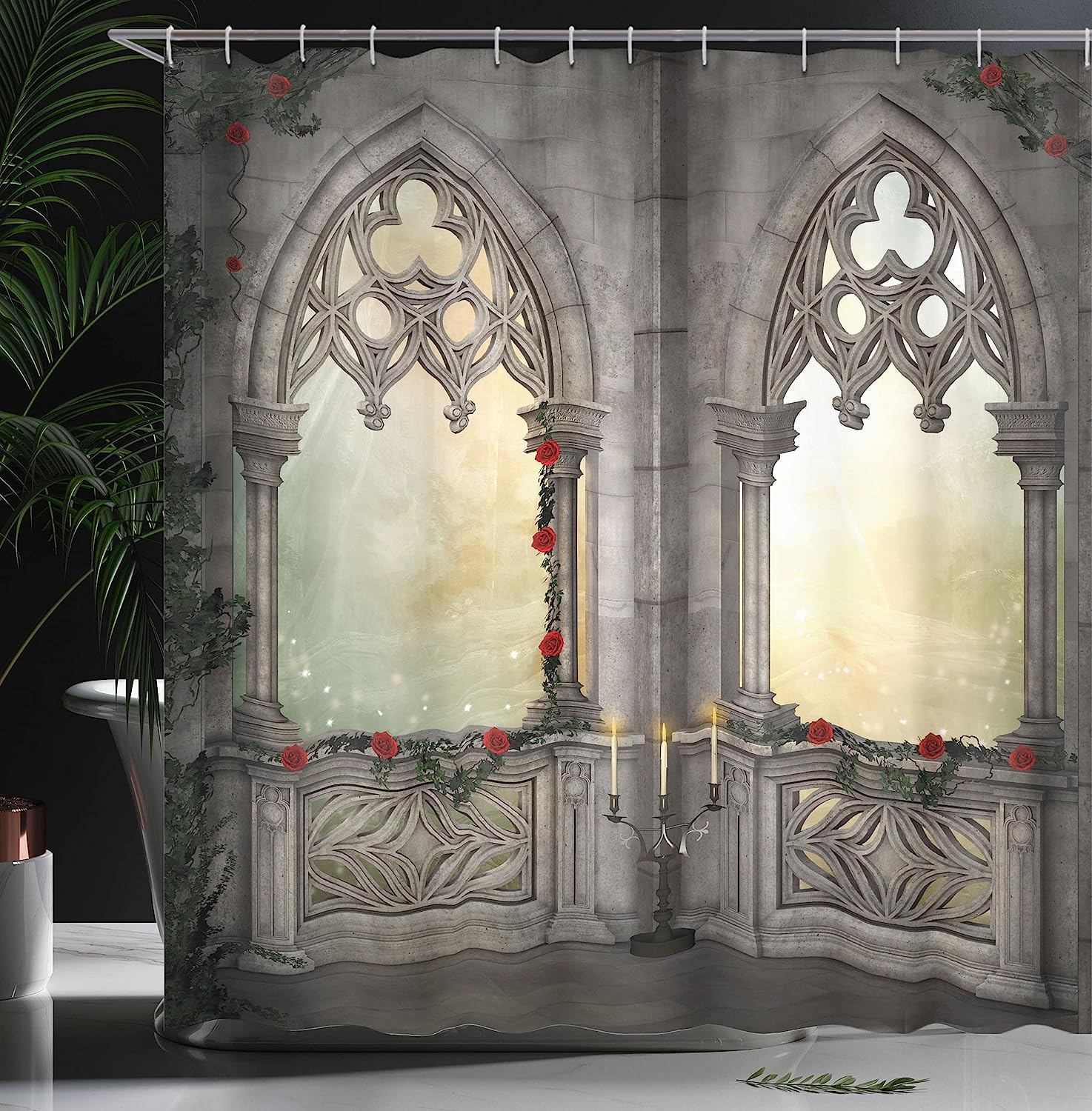 Ottoman Palace Balcony Shower Curtain, Vintage Red Rose Flowers Ivy Terrace Print for Bathroom Decor, Beige Cloth Curtain