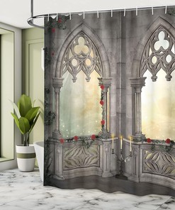 Ottoman Palace Balcony Shower Curtain, Vintage Red Rose Flowers Ivy Terrace Print for Bathroom Decor, Beige Cloth Curtain