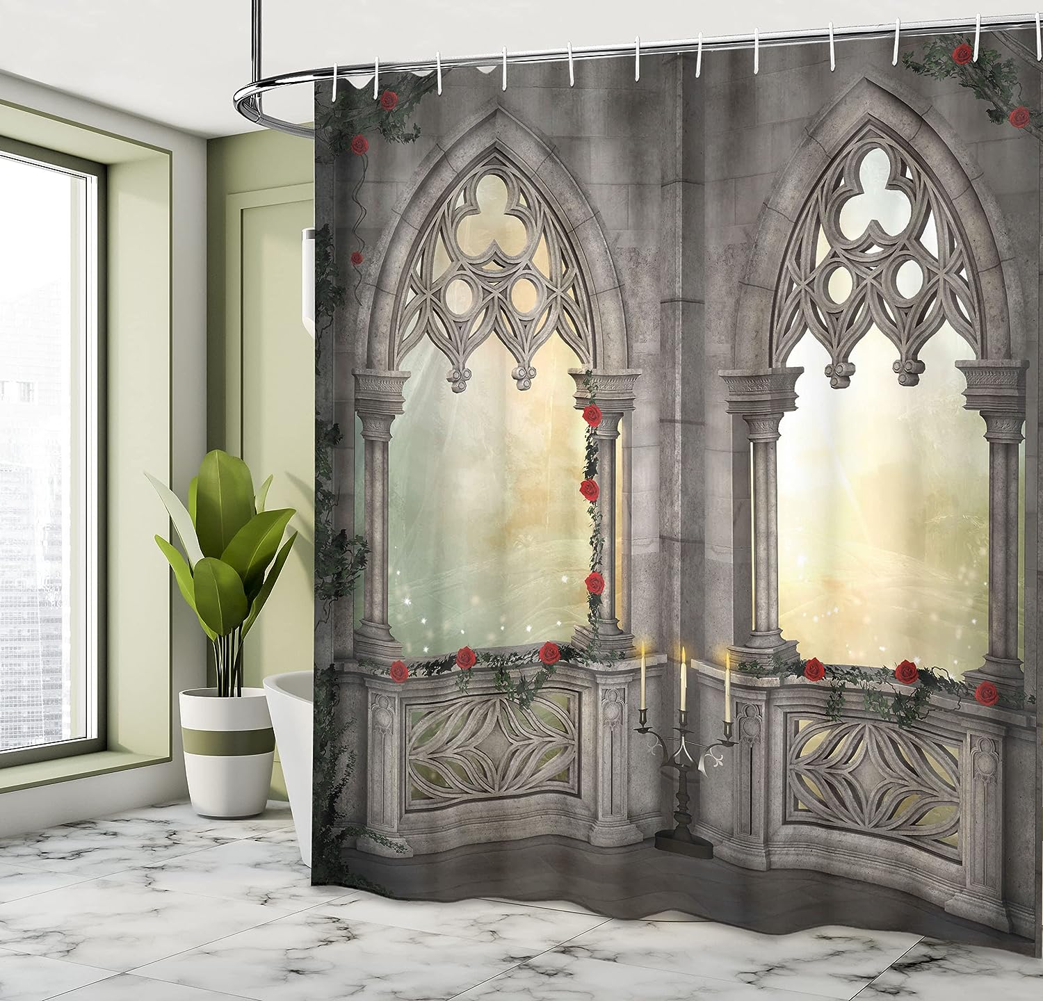 Ottoman Palace Balcony Shower Curtain, Vintage Red Rose Flowers Ivy Terrace Print for Bathroom Decor, Beige Cloth Curtain