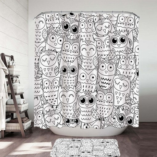 Owl Drawings Shower Curtain - Unique and Whimsical Bathroom Decor with Black and White Art Print