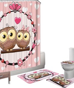 Owl Pedestal & Pink Shower Curtain - Lovely Bathroom Set 