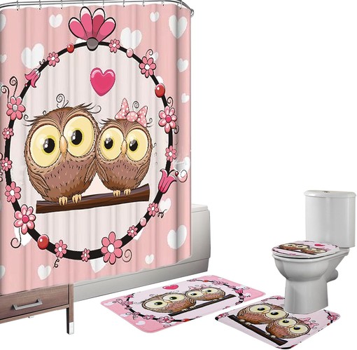 Owl Pedestal & Pink Shower Curtain - Lovely Bathroom Set