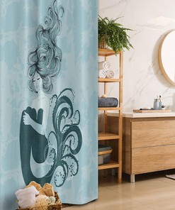 Pale Blue and Dark Teal Sleeping Mermaid Stall Shower Curtain with Hand Drawn Effect Design for a Laid-Back Bathroom Decor