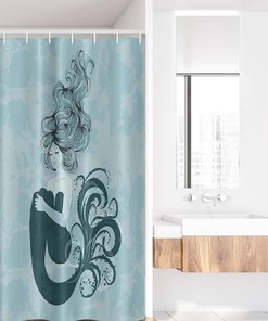 Pale Blue and Dark Teal Sleeping Mermaid Stall Shower Curtain with Hand Drawn Effect Design for a Laid-Back Bathroom Decor