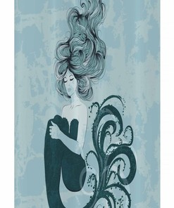 Pale Blue and Dark Teal Sleeping Mermaid Stall Shower Curtain with Hand Drawn Effect Design for a Laid-Back Bathroom Decor