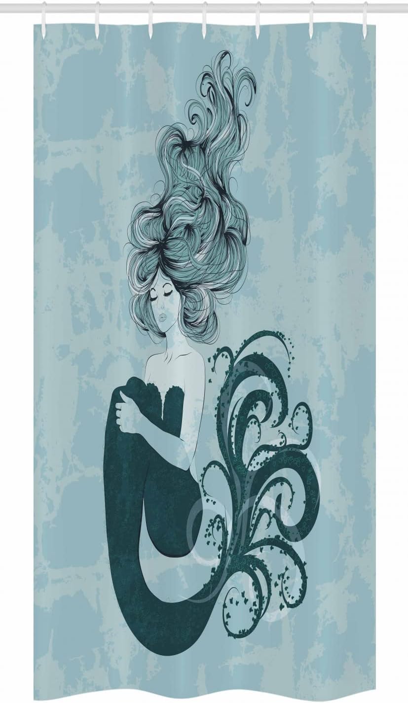 Pale Blue and Dark Teal Sleeping Mermaid Stall Shower Curtain with Hand Drawn Effect Design for a Laid-Back Bathroom Decor