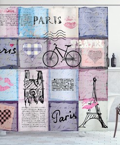Pale Grey Cream Soft Blue Paris Shower Curtain, Grunge Textured Retro Collage of Famous Objects, Bathroom Decor 