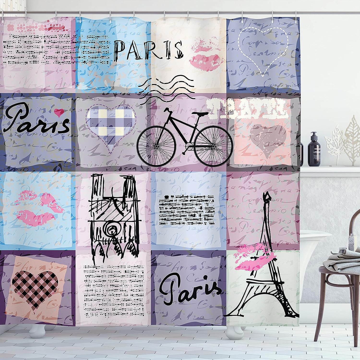 Pale Grey Cream Soft Blue Paris Shower Curtain, Grunge Textured Retro Collage of Famous Objects, Bathroom Decor
