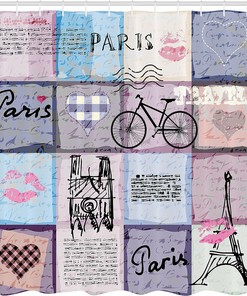 Pale Grey Cream Soft Blue Paris Shower Curtain, Grunge Textured Retro Collage of Famous Objects, Bathroom Decor