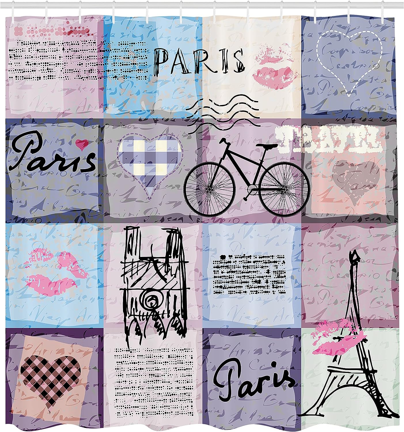 Pale Grey Cream Soft Blue Paris Shower Curtain, Grunge Textured Retro Collage of Famous Objects, Bathroom Decor
