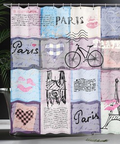 Pale Grey Cream Soft Blue Paris Shower Curtain, Grunge Textured Retro Collage of Famous Objects, Bathroom Decor