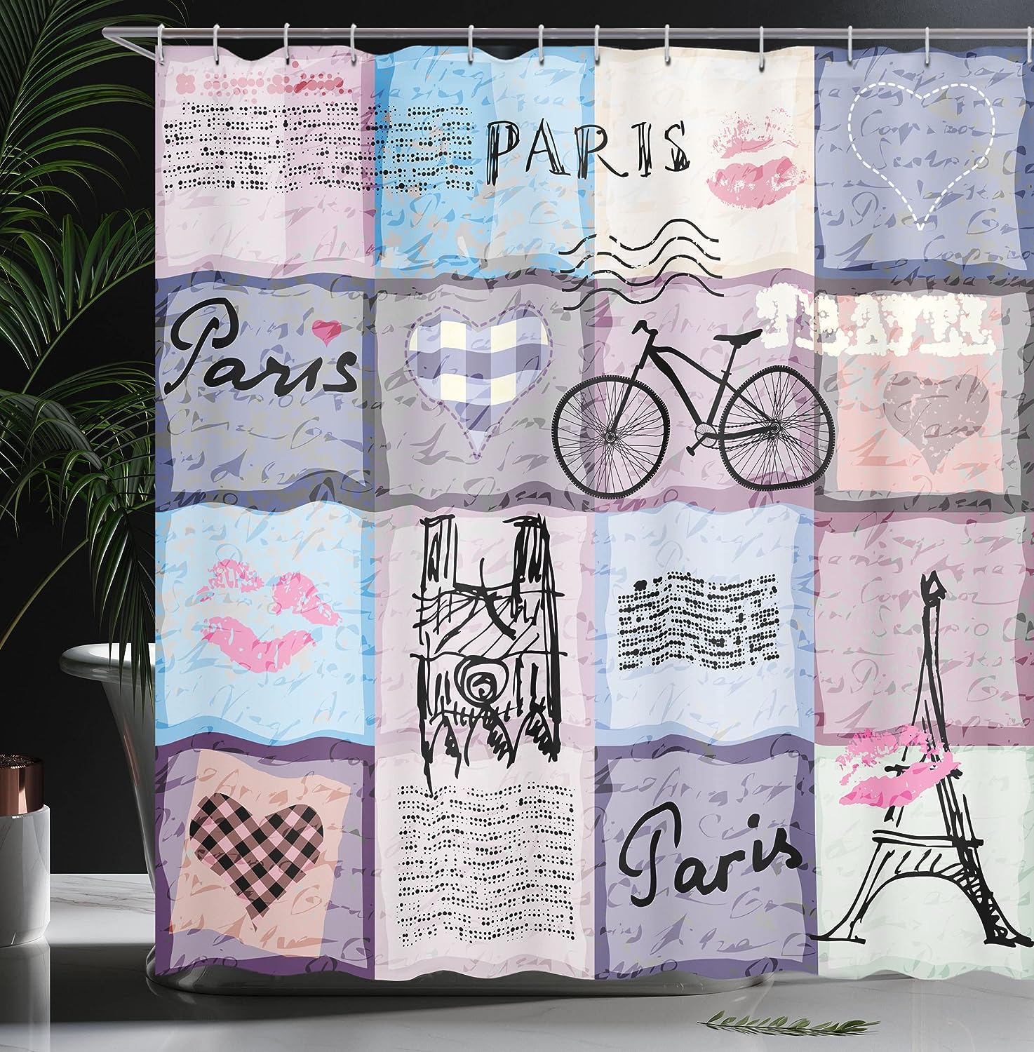 Pale Grey Cream Soft Blue Paris Shower Curtain, Grunge Textured Retro Collage of Famous Objects, Bathroom Decor