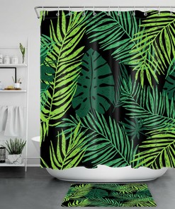 Palm Leaf Tropical Black Waterproof Shower Curtain for Bathroom Decor