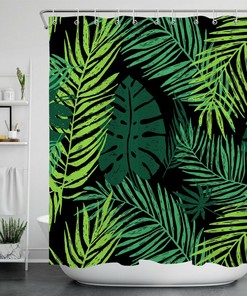 Palm Leaf Tropical Black Waterproof Shower Curtain for Bathroom Decor