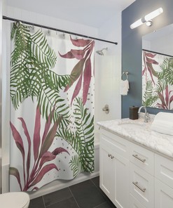 Palm Leaves Boho Shower Curtain, Modern Floral Art, Sage Green and White, Tropical Jungle Bathroom Decor