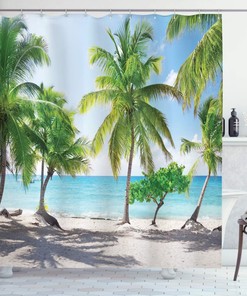 Palm Leaves in Catalina Island Shower Curtain, Coastal Panoramic Picture Cloth Bathroom Decor in Green Aqua Coconut