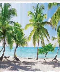 Palm Leaves in Catalina Island Shower Curtain, Coastal Panoramic Picture Cloth Bathroom Decor in Green Aqua Coconut