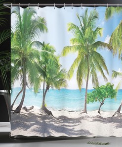 Palm Leaves in Catalina Island Shower Curtain, Coastal Panoramic Picture Cloth Bathroom Decor in Green Aqua Coconut