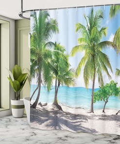 Palm Leaves in Catalina Island Shower Curtain, Coastal Panoramic Picture Cloth Bathroom Decor in Green Aqua Coconut