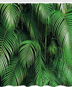 Palm Tree Leaves Shower Curtain, Exotic Botanical Jungle Theme Print for Bathroom Decor, Forest Green Cloth Fabric