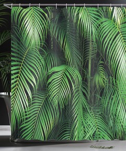 Palm Tree Leaves Shower Curtain, Exotic Botanical Jungle Theme Print for Bathroom Decor, Forest Green Cloth Fabric