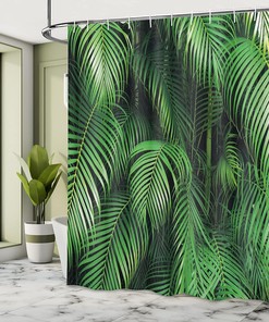 Palm Tree Leaves Shower Curtain, Exotic Botanical Jungle Theme Print for Bathroom Decor, Forest Green Cloth Fabric