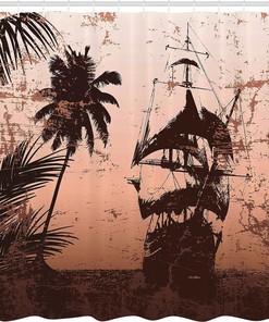 Palm Trees Ocean Shower Curtain, Pirate Ship on Misty High Seas, Bathroom Decor Bathroom Curtain