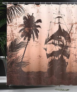 Palm Trees Ocean Shower Curtain, Pirate Ship on Misty High Seas, Bathroom Decor Bathroom Curtain 