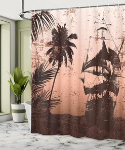 Palm Trees Ocean Shower Curtain, Pirate Ship on Misty High Seas, Bathroom Decor Bathroom Curtain 
