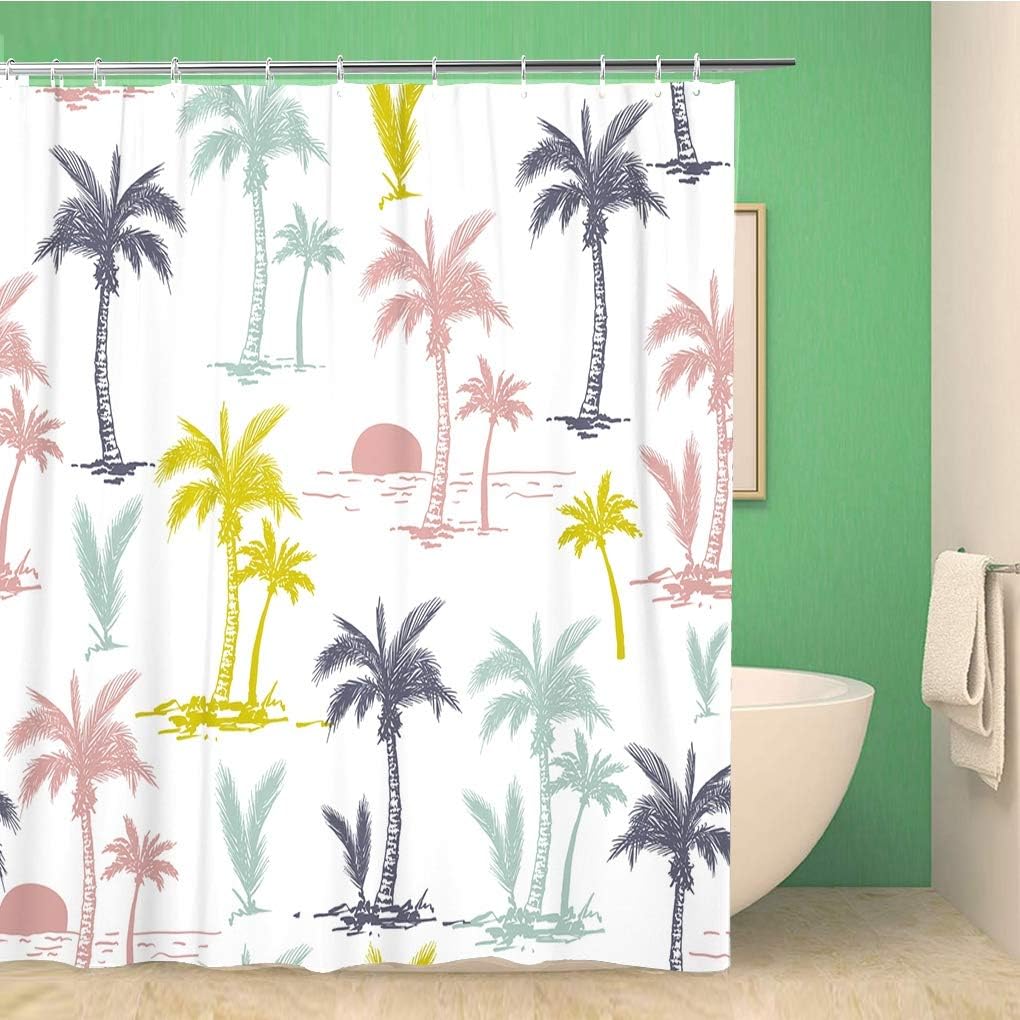 Palm Trees Pattern Tropical Floral Shower Curtain - Hawaii Retro Beach Bathroom Decor